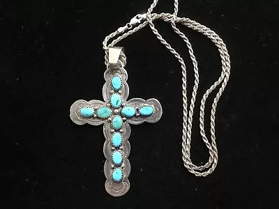 Large Sterling Silver C. YAZZIE Turquoise Nugget Cross Pendant W/ Rope Necklace • $130