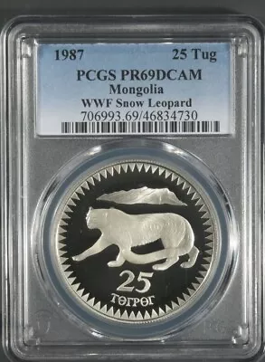 1987 Mongolia 25 Tugrik Silver Proof - Snow Leopard - PCGS PF69 DCAM • $135