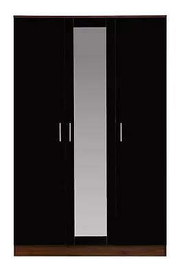 REFLECT 3 Door Mirror Bedroom Furniture Wardrobe In Gloss Black & Walnut NEW • £234.99
