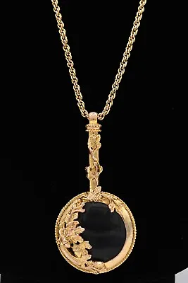 1928 Vintage Magnifying Glass Necklace Pendant Gold Tone Chunky Signed 90s BinT • $51.96
