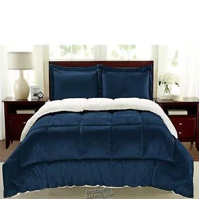 Sherpa Faux Suede Comforter Set Navy Queen 100% Polyester  • $89.99
