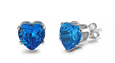 Simulated Blue Sapphire Heart  CZ Sterling Silver Stud Earrings NEW  • $10.95