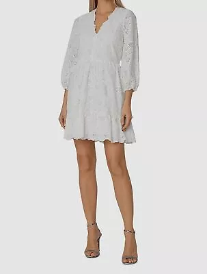 $395 Milly Women's White Lace Cotton V-Neck Ruffled Pullover Shift Dress Size 6 • $126.78