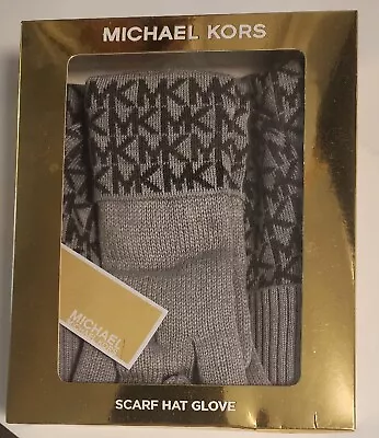 Michael Kors Scarf Set Beanie Hat Gloves Scarf Michael Kors Logo Gray NIB $148 • $39.99