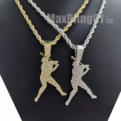 Iced Lab Diamond Gold Silver Baseball Hitter Pendant 4mm 24  Rope Chain Necklace • $11.99