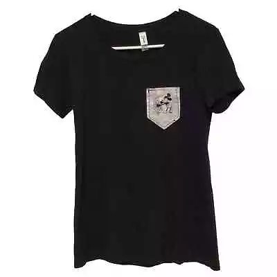 Ideal T Next Level ~ Women's Black T-Shirt Steamboat Willie Pocket ~ Size L • $10