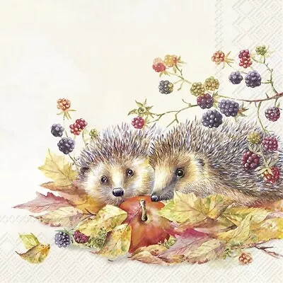 4 X Cocktail Napkins/3Ply/25cm/Decoupage/Autumn/Brambles/Apple/Two Hedgehogs • £1.15