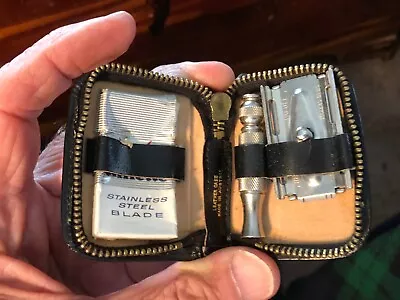 Vintage GILLETTE Mini Travel Razor In Zipper Compact Leather CASE Made N Austria • $8