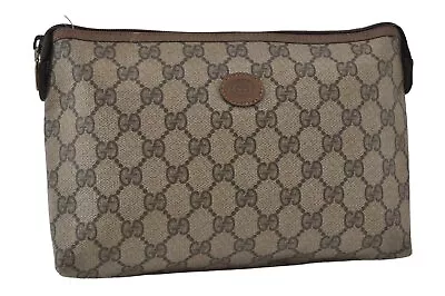 Authentic GUCCI Vintage Clutch Hand Bag Purse GG PVC Leather Brown 8607I • $180