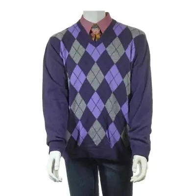 ENZO MANTOVANI Sweater V-Neck Pullover 100% Cashmere Sz. L ITALY Purple Argyle • $69