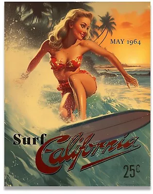 Vintage Surfing Poster Art Print Pinup Girl Surfboard Beach House Wall Art Decor • $9.95