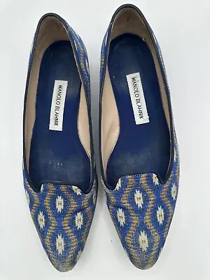 Manolo Blahnik Blue Ikat Loafers Flat Women Sz 38.5/ 8 • $49.99