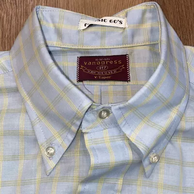 Vtg 60s Button Up Shirt Van Heusen Vanopress Midcentury Blue Plaid Mens Medium • $40.75