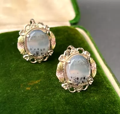 Vtg Two-Tone 12K Gold Filled Dendritic Moss Agate Floral Earrings Screw Back • $64