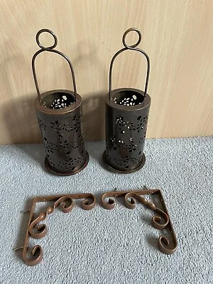 Pair Of Metal Wall Hanging Tea Light Holders With Small Scroll Brackets - VGC • £17.99