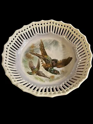 Vintage German Reticulated Porcelain Bowl Flying Pheasants 8” • $19.95