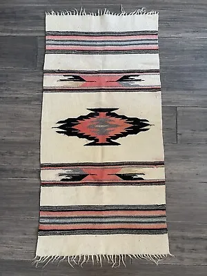 Vintage Handwoven  Zapotec Mexican Wool Weaving Rug 17  X 35” W/ Navajo Designs • $69.99