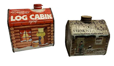 1984 Vermont Pure Maple Syrup Log Cabin 16 Oz.Tin/1987 Log Cabin Syrup 24oz. Tin • $12.80