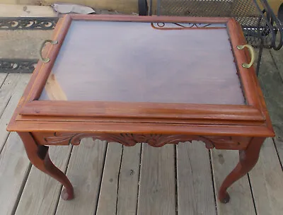 Carved Walnut Coffee Table With Glass Serving Tray (RP-CT-155) • $499