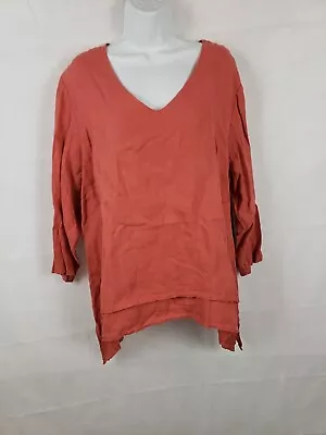 La Fixsun Women's 3/4 Sleeve  Orange100% Lightweight Linen Shirt Sz L Round Neck • $44