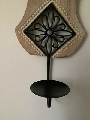 Indian Wooden Candle Holder Carved Wall Sconce Black Metal Decorative Hanging • £25