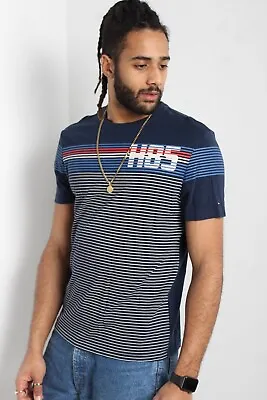 Tommy Hilfiger Mens Striped T-Shirt - Blue -Size Medium M (W1Y3) • £7.99