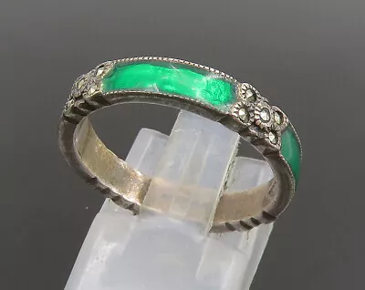 JUDITH JACK 925 Silver - Vintage Green Enamel & Marcasite Ring Sz 8 - RG25318 • $45.10