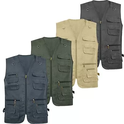 Men’s Multi Pocket Safari Waistcoat BodyWarmer Gilet Fisherman Utility Vest Top • £14.95