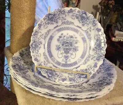5pc Vintage Arcopal Honorine France Blue & White 4 Dinner Plates & 1 Bowl • $54