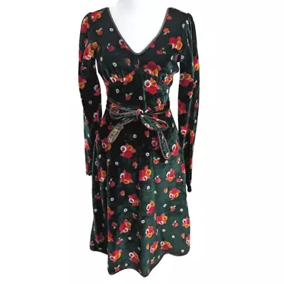 Vintage 1970s Alley Cat By Betsey Johnson Green Floral Velvet Wrap Dress 5/6 S • $349