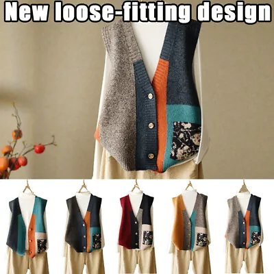 Women Retro Knitted Cardigan Waistcoat Gilet Sleeveless Sweater V-neck Vest. • £15.03