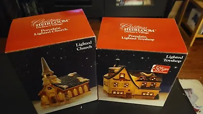 $39 • Buy LOT OF 2 Vintage 1991 Christmas Village Lighted Buildings Toy Shop & Church
