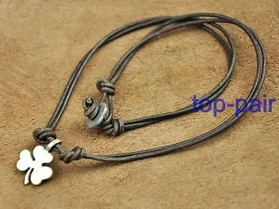 Cool Brown Surfer Leather Beach Choker Necklace Lucky Clover Pendant Mens • $7.59