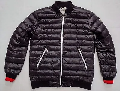 Moncler Black Puffer Bomber Jacket Red Cuffs White Zippers Pre-Owned Mens Size 2 • $240