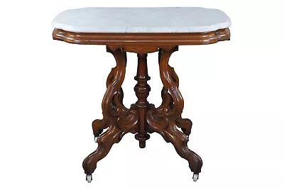 Antique Victorian Carved Walnut Marble Top Parlor Center Accent Side Table 33  • $998.75