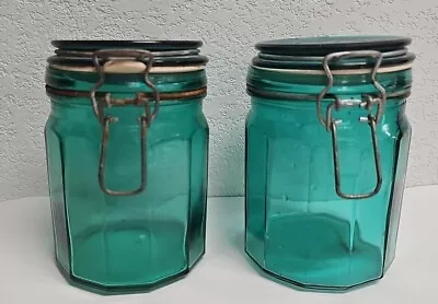 Vintage Aqua Green Color Glass Paneled Bale Wire Jar Storage Canister Set Of 2 • $24.99