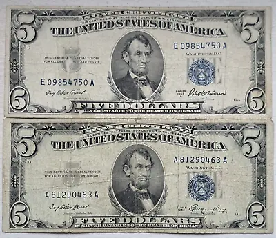 1953/ 1953-A (Lot Of 2) $5 Dollar Silver Certificate $5 Bill Blue Seal Notes • $19.99