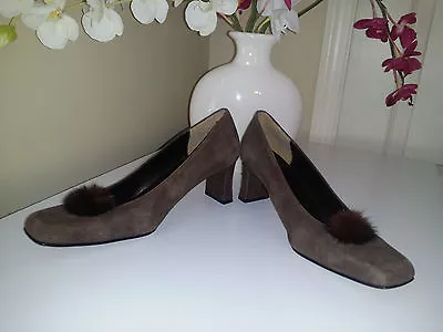 J. RENEE Brown Suede Leather Heel Pumps With Mink Fur Puff Ball Sz. 8 M • $30