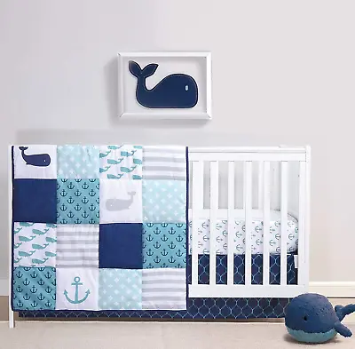 CRIB BEDDING SET Nautical With Quilt Sheet Skirt Nursery 3 Pcs • $63.99