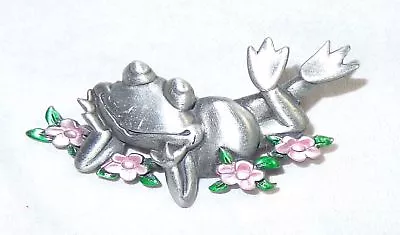 Unusual Hard To Find Sweet Vintage Jj Pewter Metal Smiling Frog Pin Pink Flowers • $14.95