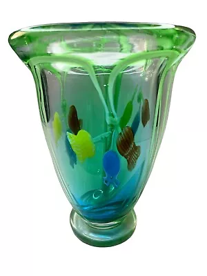 Venetian Hand Blown Millefiori Green Trumpet Shaped Art Glass Vase Bell Flowers • $50