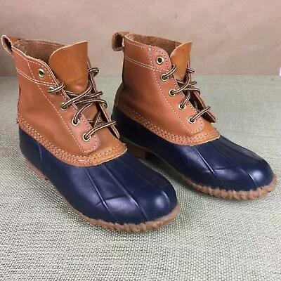 Eddie Bauer Women’s Brown Leather Duck Boots Navy Rubber Size 5 Fits 6.5M • $22