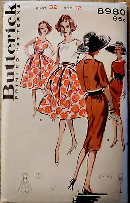 NEW Vintage 1960's Butterick #8980 Sz. 12 Bust 32 Cropped Jacket Skirt Dress • $6.95