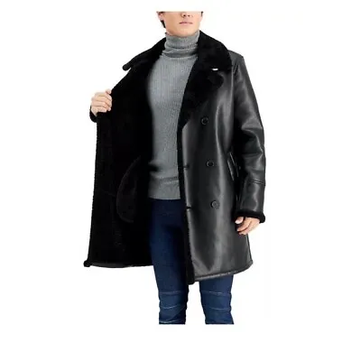 Guess Men's Long Pleather Double Breasted Coat With Faux Shearling Cuff Large • $108