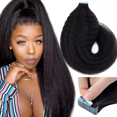 YAKI/KINKY Adhesive Tape In Hair Extensions Real Human Hair Skin Weft Curly Hair • $44.43