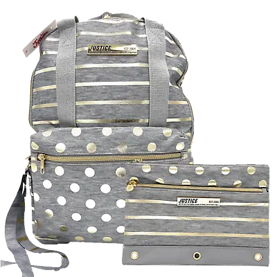 £33.39 • Buy Justice Girls Gray & Gold Polka/Stripe School Backpack And Pencil Case Sets