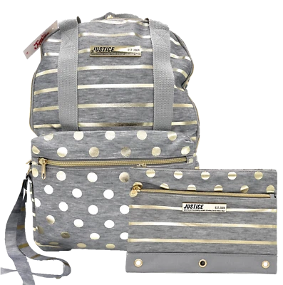£33.39 • Buy Justice Girls Gray & Gold Polka/Stripe School Backpack And Pencil Case Sets