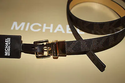 MICHAEL KORS Women's Belt Size L Brown Monogram MK Reversible Gold Buckle NEW • $39.50