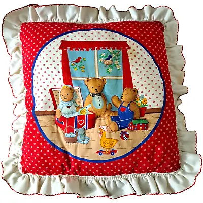 Vintage 16  Teddy Bear Quilted Throw Pillow Handmade Nursery Christmas Colors • $19.45