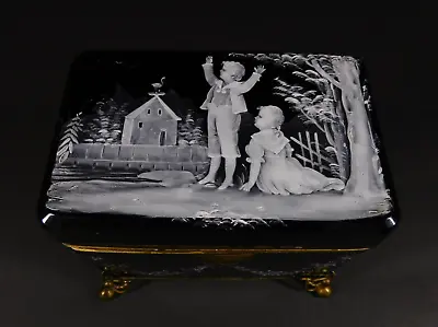 Antique Mary Gregory Style Black Amethyst Glass Jewel Box Painted Stork Kids • $999.99